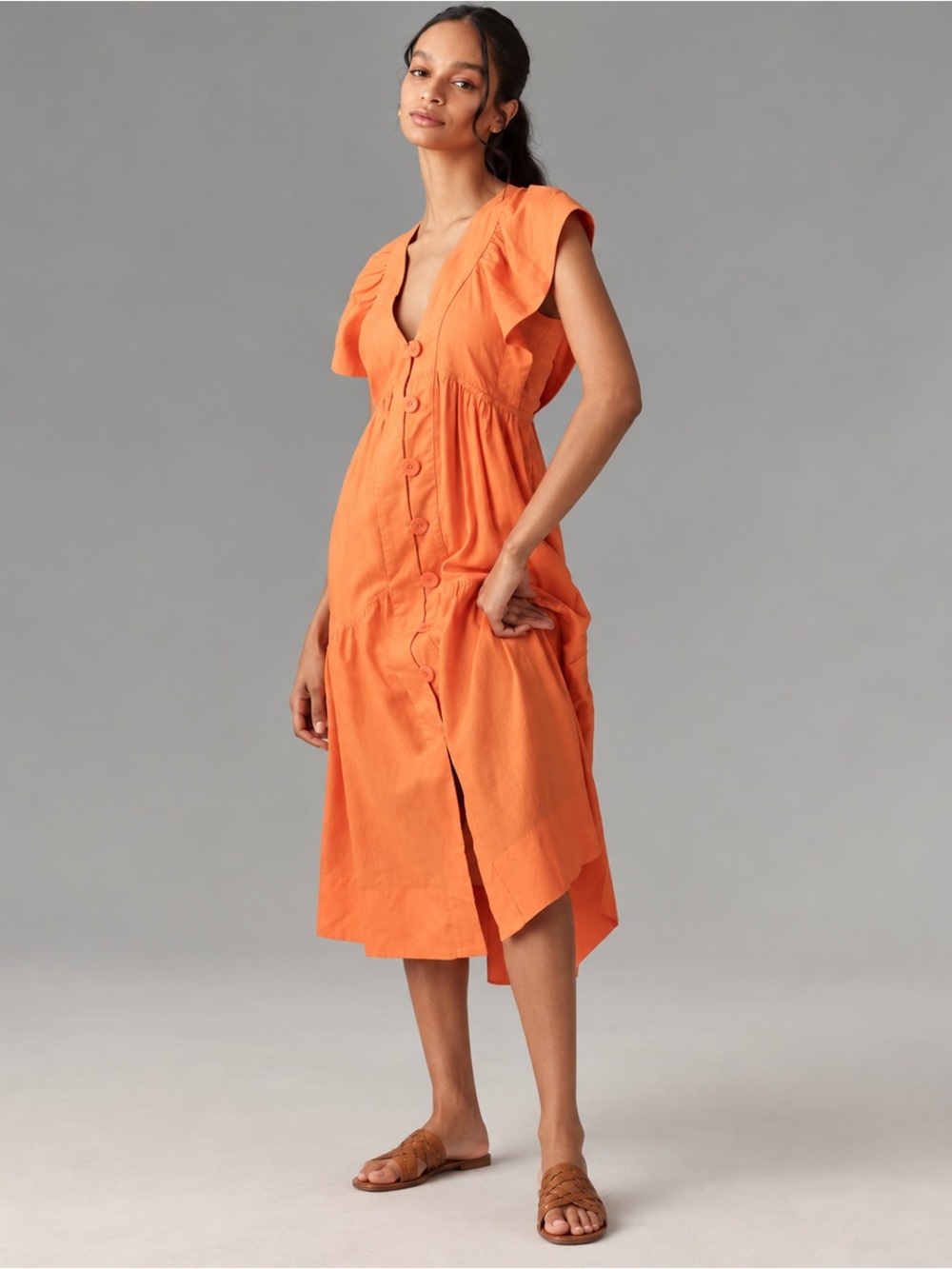 Anthropologie Renée Linen Blend Flutter Sleeve Midi Dress Orange S